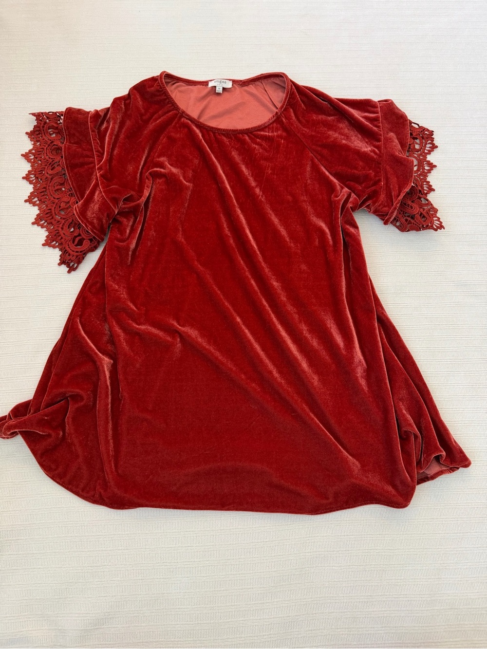 Umgee Velvet Crochet Lace Flutter Sleeve Top Burnt Orange Mini Dress Size M BeS1